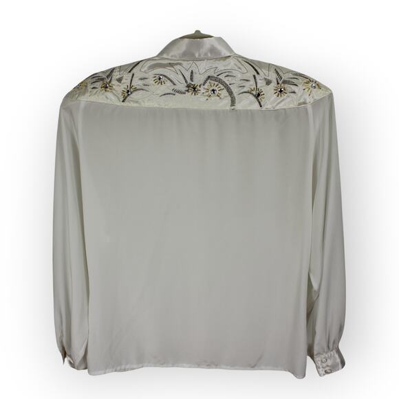 XS/S Vintage Erena by Irene Koenig Satin Blouse Ivory Embellished Yoke - Picture 15 of 16